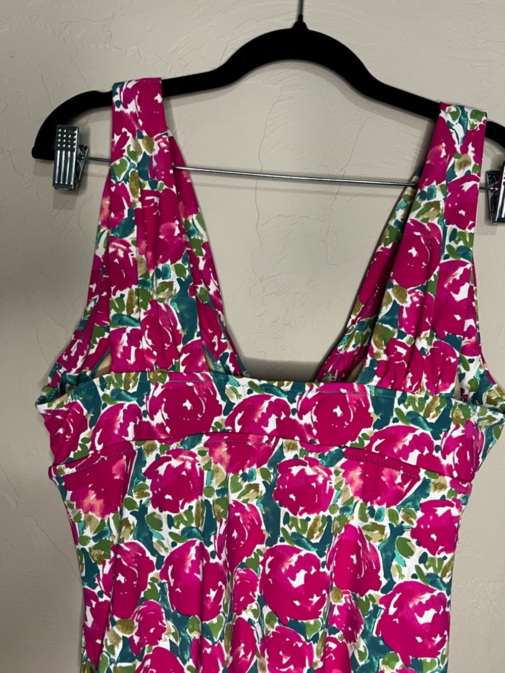 Garnet Hill Pink Rose Floral Deep V Neck One Piece Modest Dress Swimsuit - Picture 11 of 11